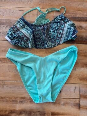 Teal Patterned Crochet-Back Bikini Set size small